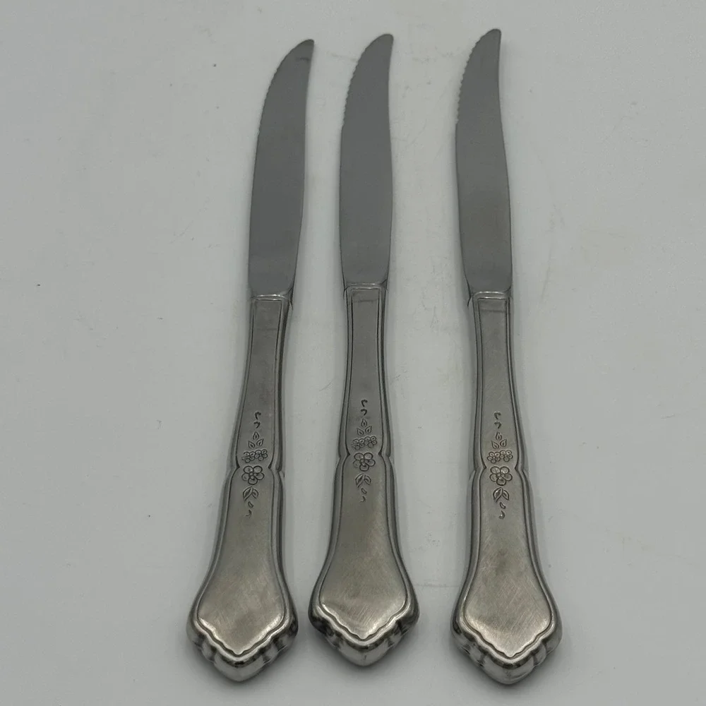 Vintage Stainless Steel Floral Etched Dinner Knives Set of 3 Serrated 9 Inch